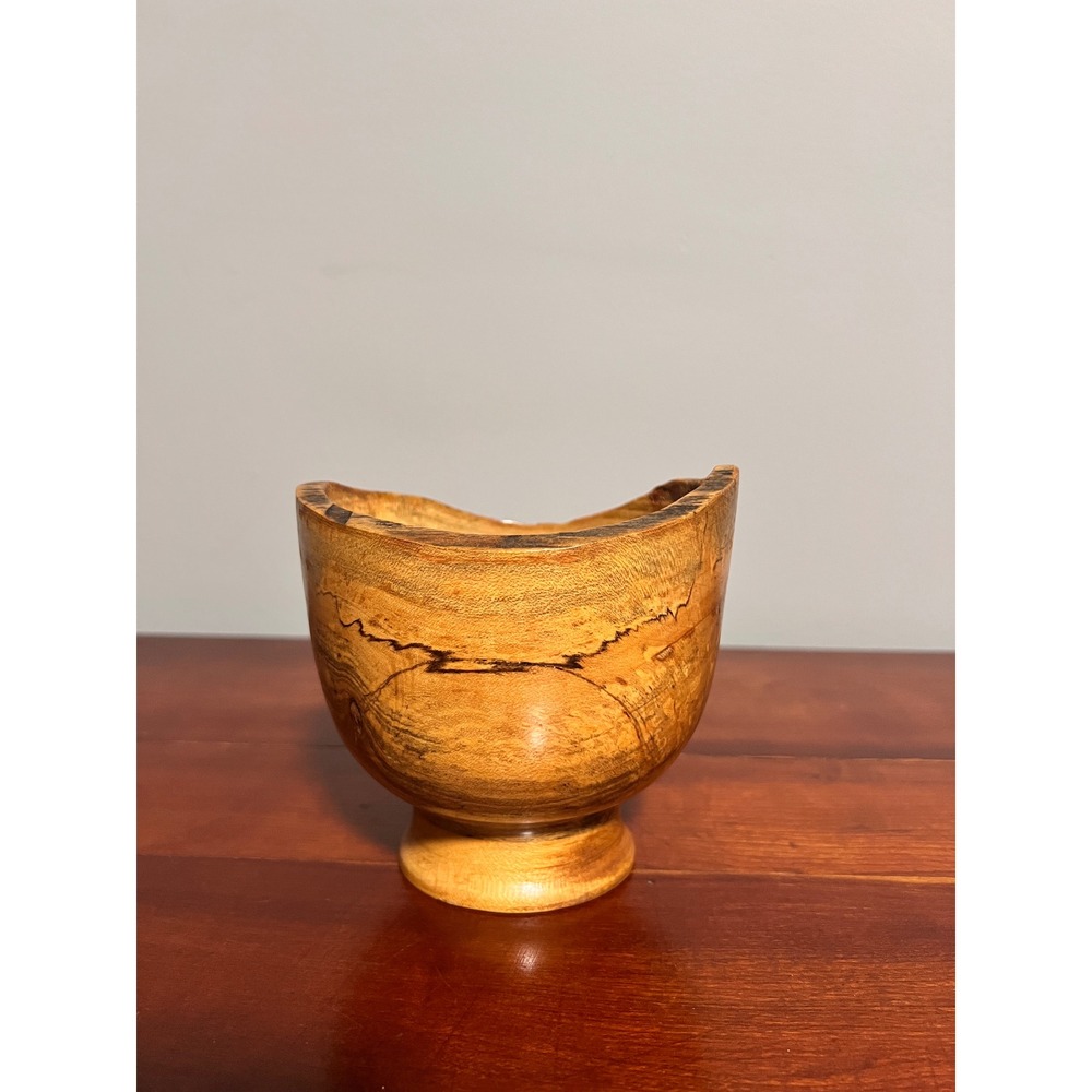 Hand Turned Spalted Maple Wood Bowl Signed Artisan Live Edge Footed Vessel 2007